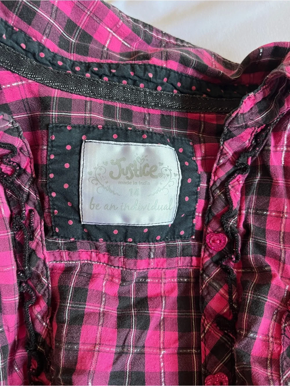 Justice Pink & Black Plaid Metallic Flannel Button Up Shirt Ruffle Size 14